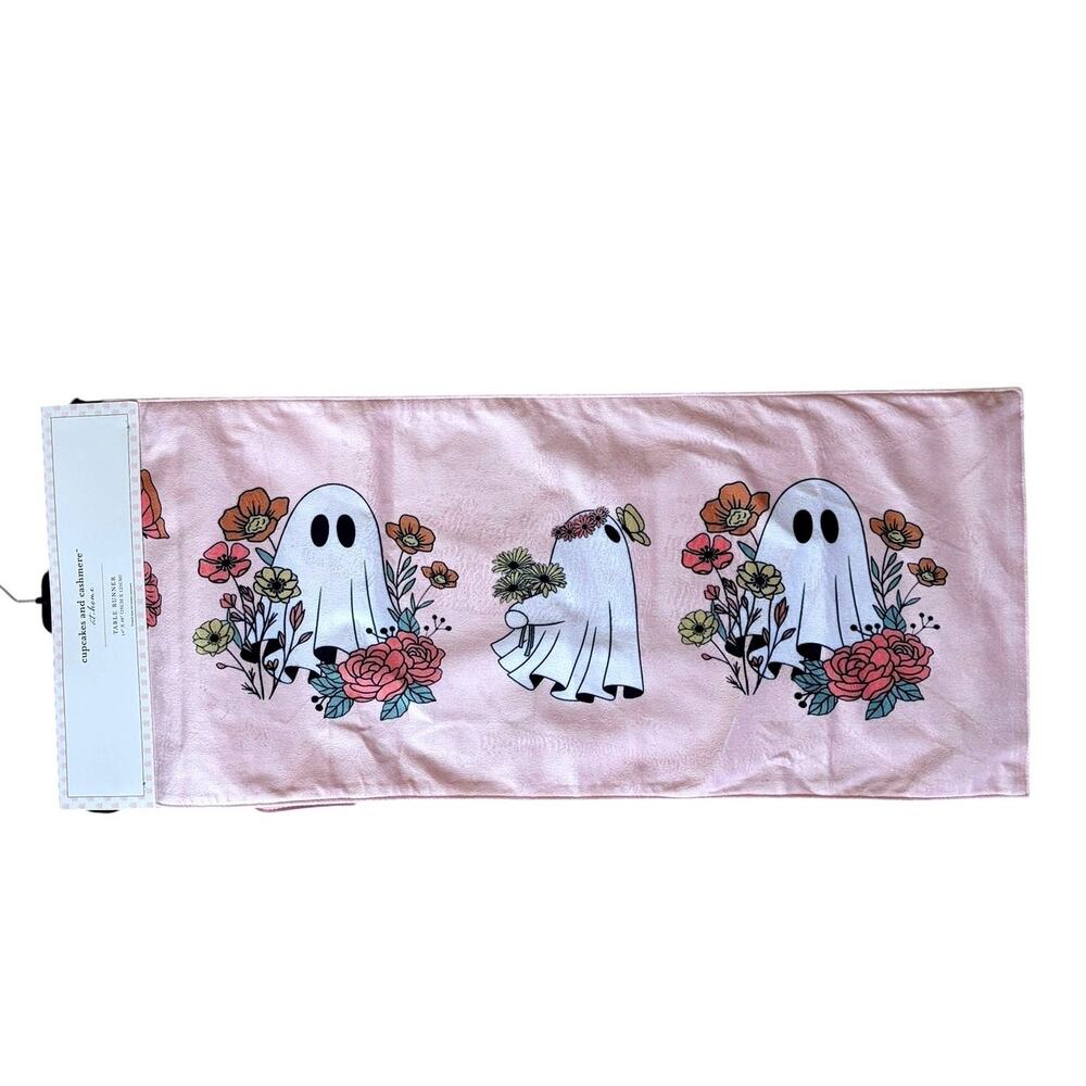 Cupcakes & Cashmere Pink Halloween Floral Ghost Table Runner 14x48 Fall NEW
